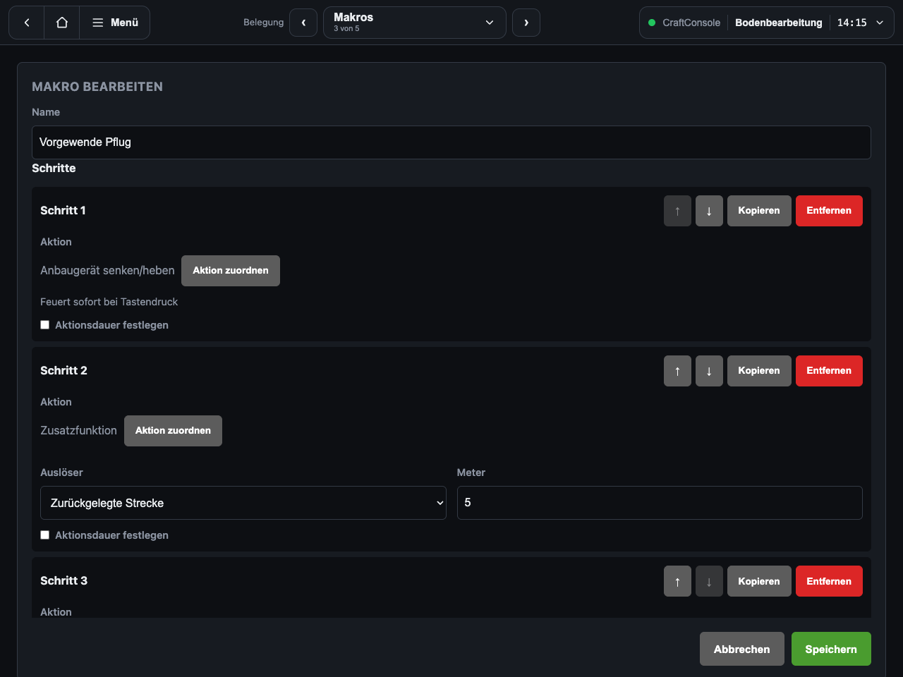 ControlHub: Makro-Editor mit Schritten nach Strecke